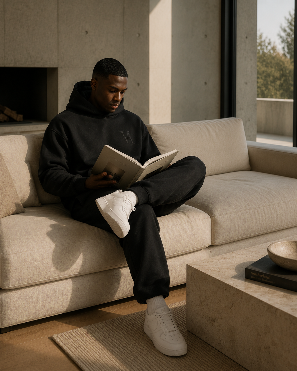 VAELO Foundation Hoodie in Black — alternate seated on-model view