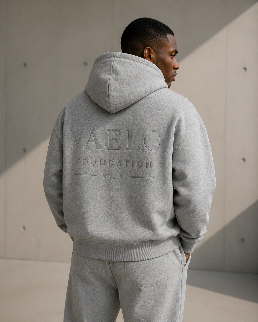 VAELO Foundation Hoodie in Heather Grey — full back view