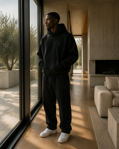 VAELO Foundation Hoodie in Black — on-model front