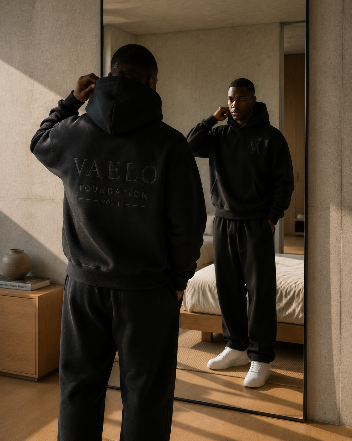 VAELO Foundation Hoodie in Black — back artwork mirror view
