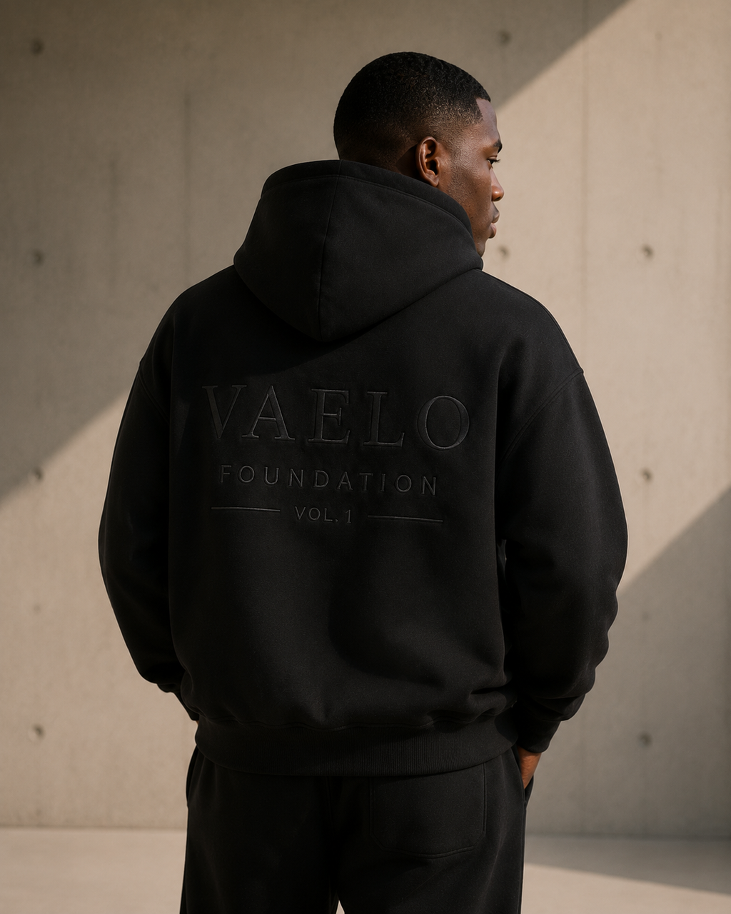 VAELO Foundation Hoodie in Black — three-quarter back artwork view