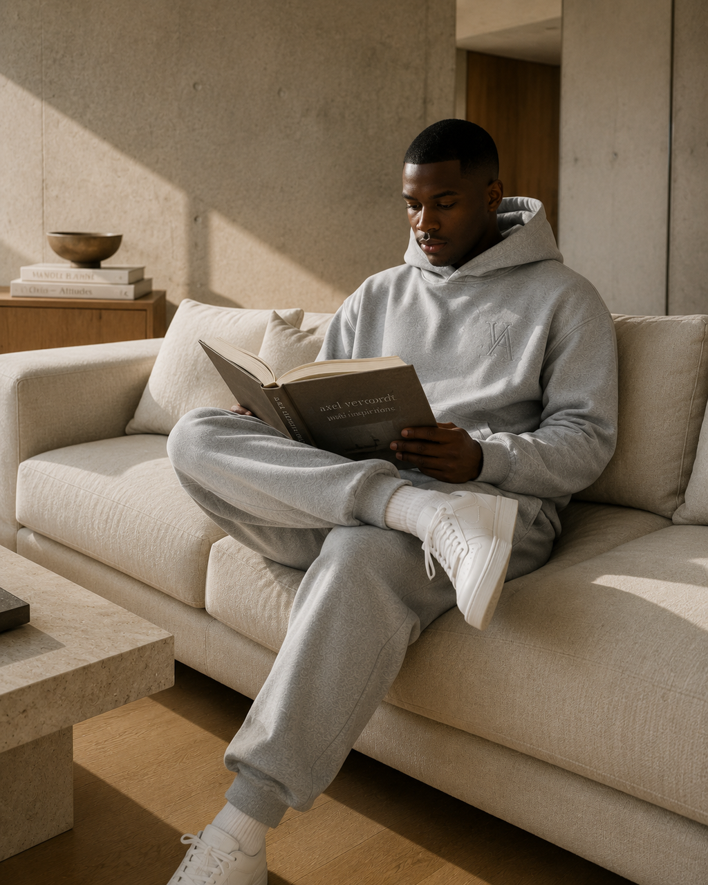 VAELO Foundation Hoodie in Heather Grey — alternate seated on-model view
