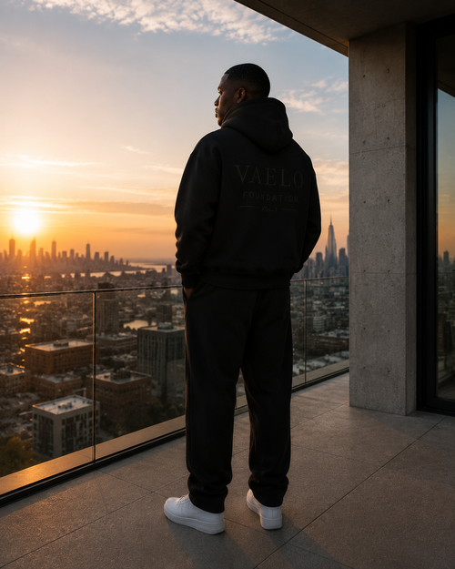 VAELO Foundation Hoodie in Black — full back skyline view