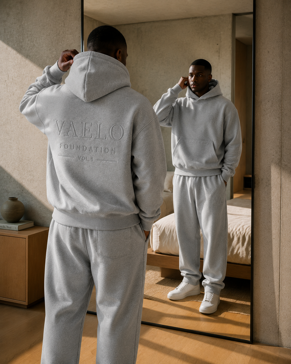 VAELO Foundation Hoodie in Heather Grey — three-quarter back view in mirror