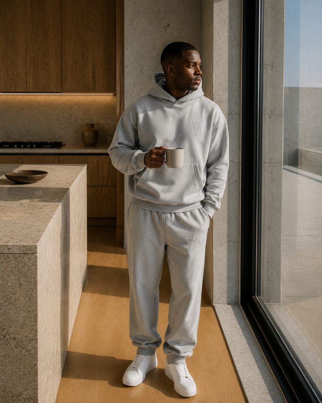 VAELO Foundation Hoodie in Heather Grey — on-model front