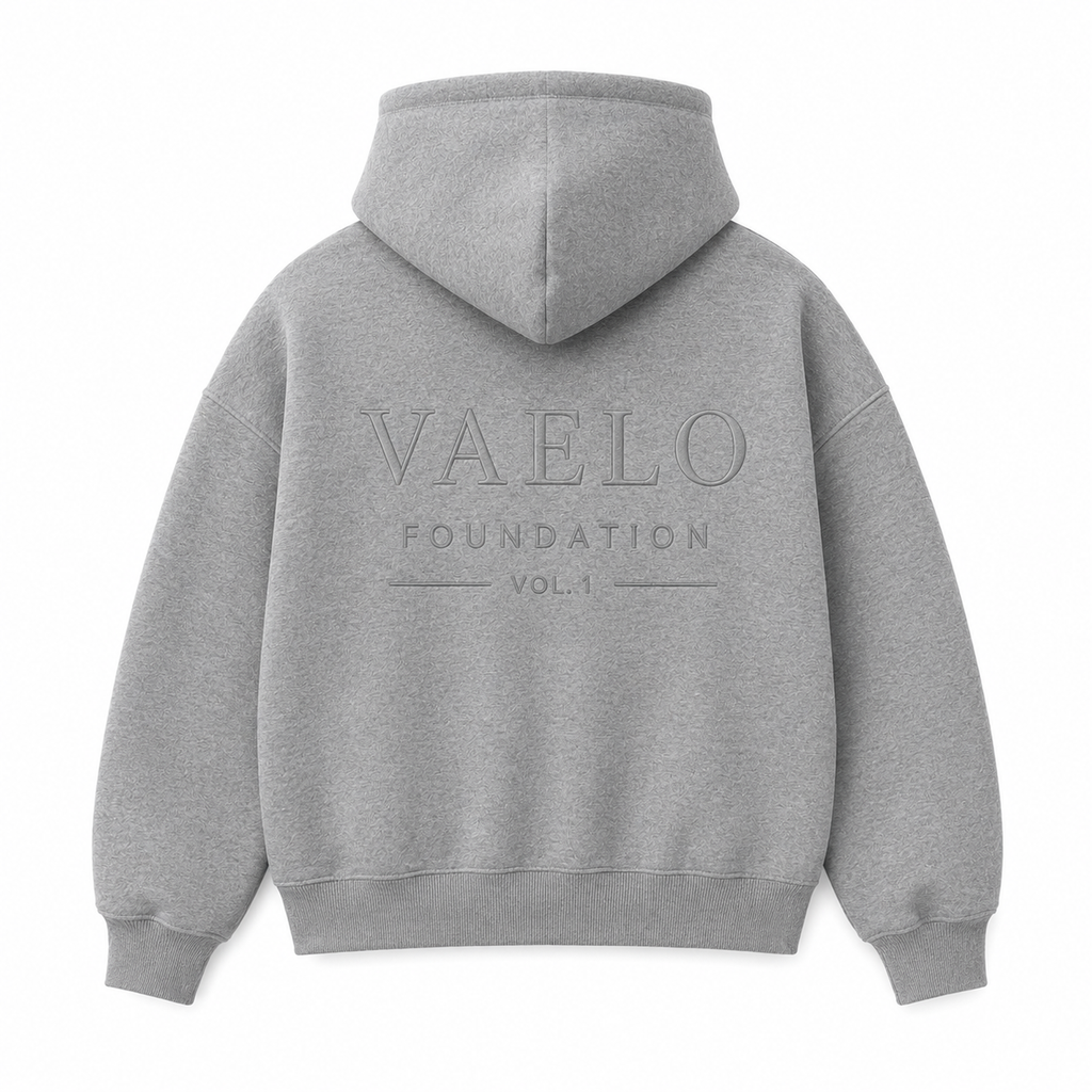 VAELO Foundation Hoodie in Heather Grey — garment back mockup
