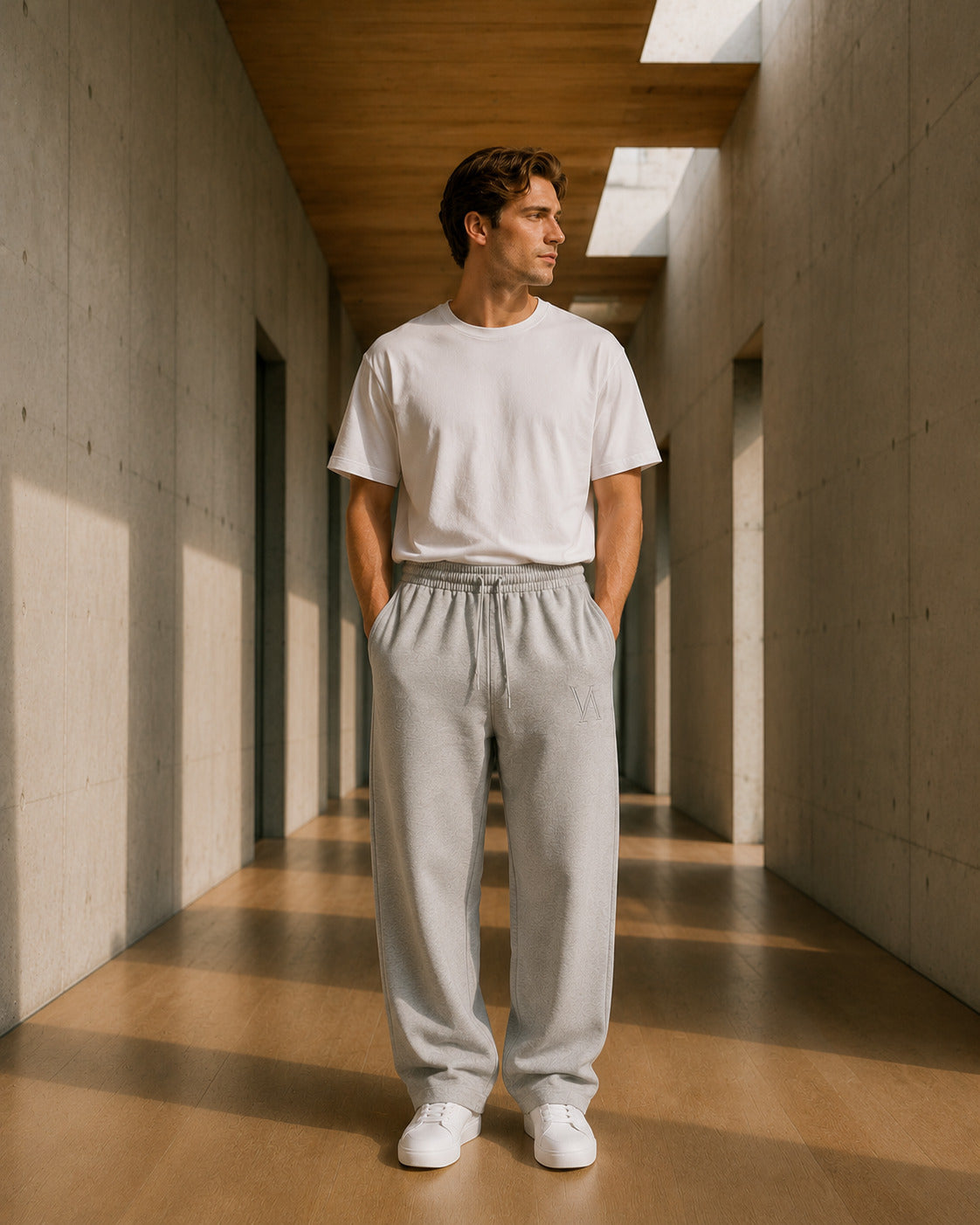 VAELO Foundation Sweatpant in Heather Grey — on-model front