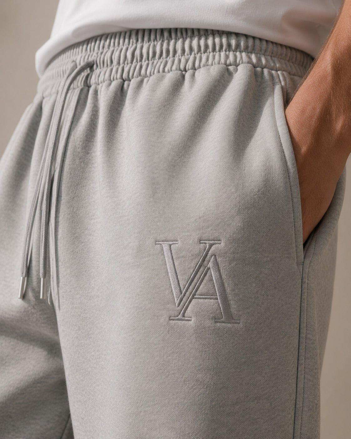 VAELO Foundation Sweatpant in Heather Grey — waistband, drawcord and VA embroidery detail