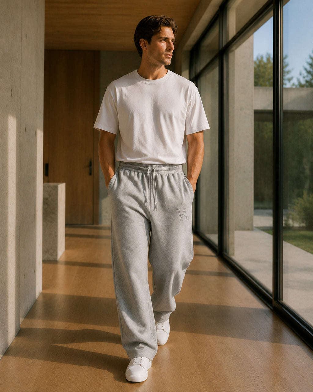 VAELO Foundation Sweatpant in Heather Grey — movement view, walking