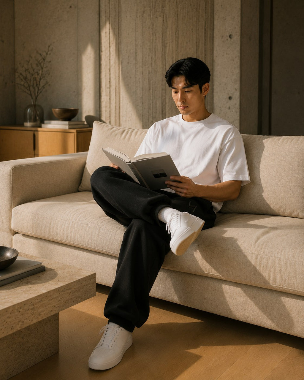 VAELO Foundation Sweatpant in Black — seated fit view