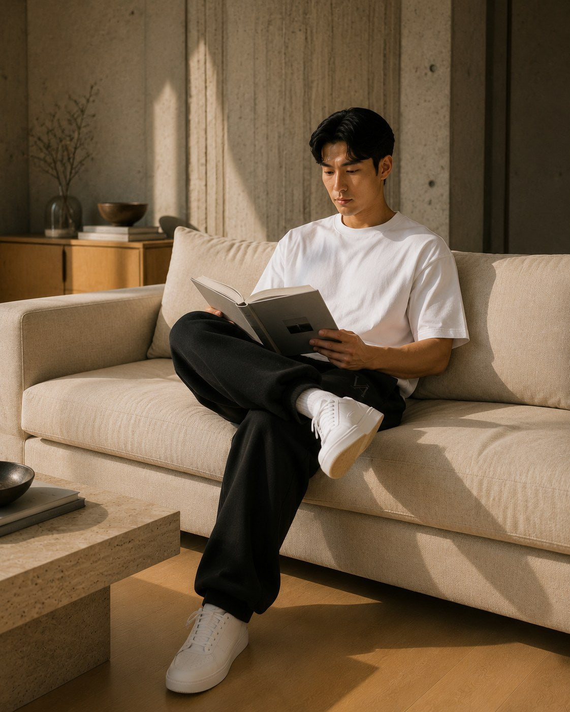 VAELO Foundation Sweatpant in Black — seated fit view
